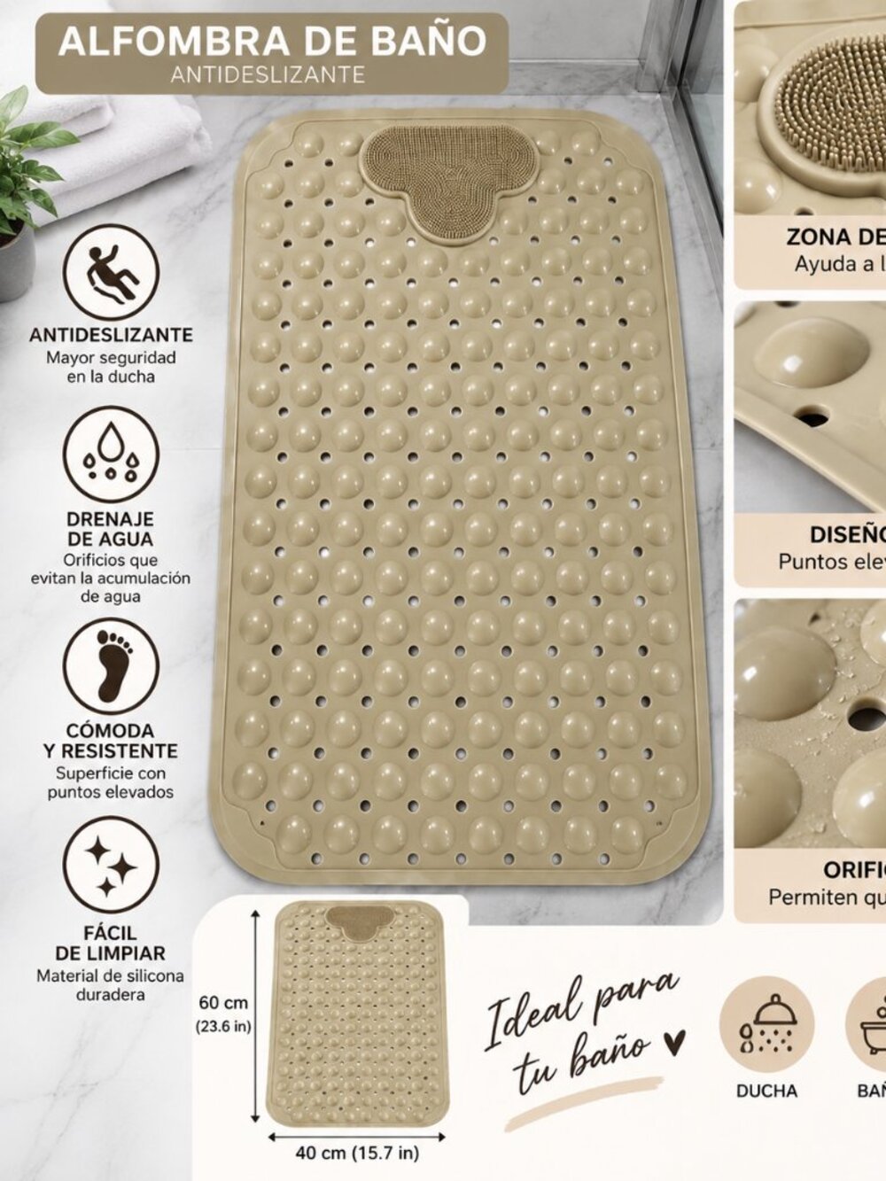 Alfombra de baño en tono khaki/beige , con diseño de ventosas